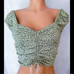 Earthy Green & White Floral, Cropped, Frilly Blouse
